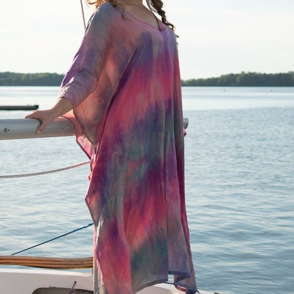 Silk Caftan Kaftan beach coverup resortwear midi S M L XL pink purple tie dyed - Picture 8 of 10